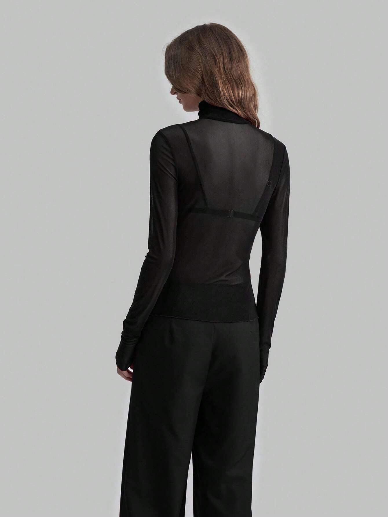 Womens Elegant Turtleneck Mesh Top Sexy Long Sleeve Semi-Sheer Slim T-shirts